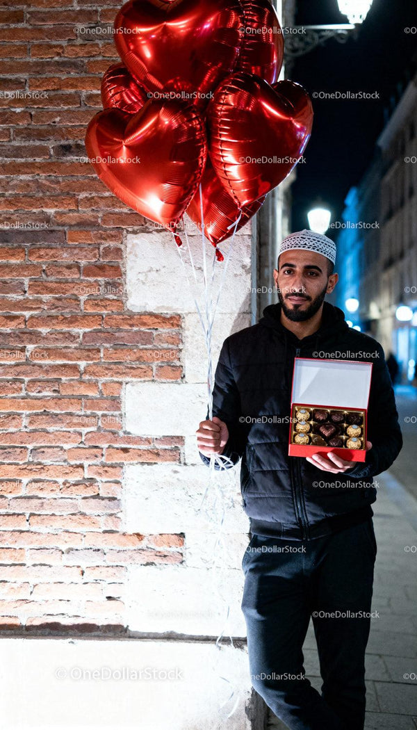 Mężczyzna Trzymający Balony w Kształcie Serca i Czekoladowy Prezent na Ulicy