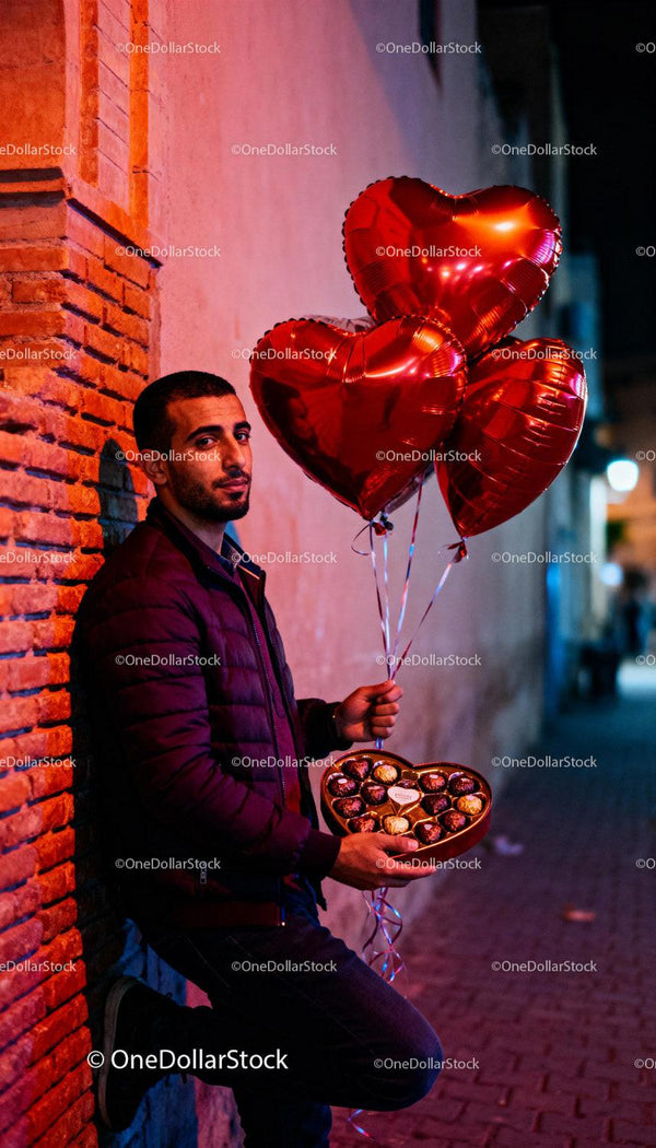 Man Holding Heart Balloons and Chocolates on Night Street