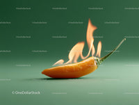 Close-up of Burning Orange Chili Pepper with Flames on Green Background