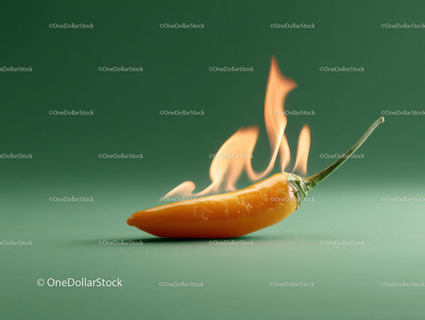 Close-up of Burning Orange Chili Pepper with Flames on Green Background