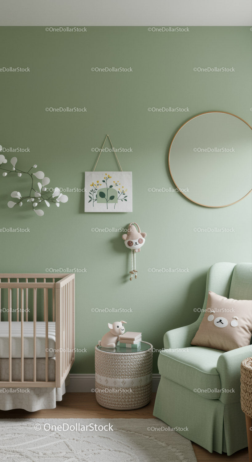 Baby nursery with pastel green wall decor plush toys and wall art