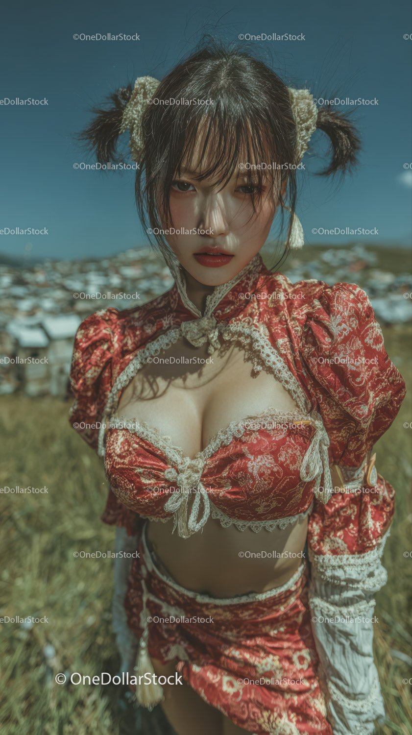 Elegant Young Woman in Vintage Floral Outfit Outdoors with Scenery