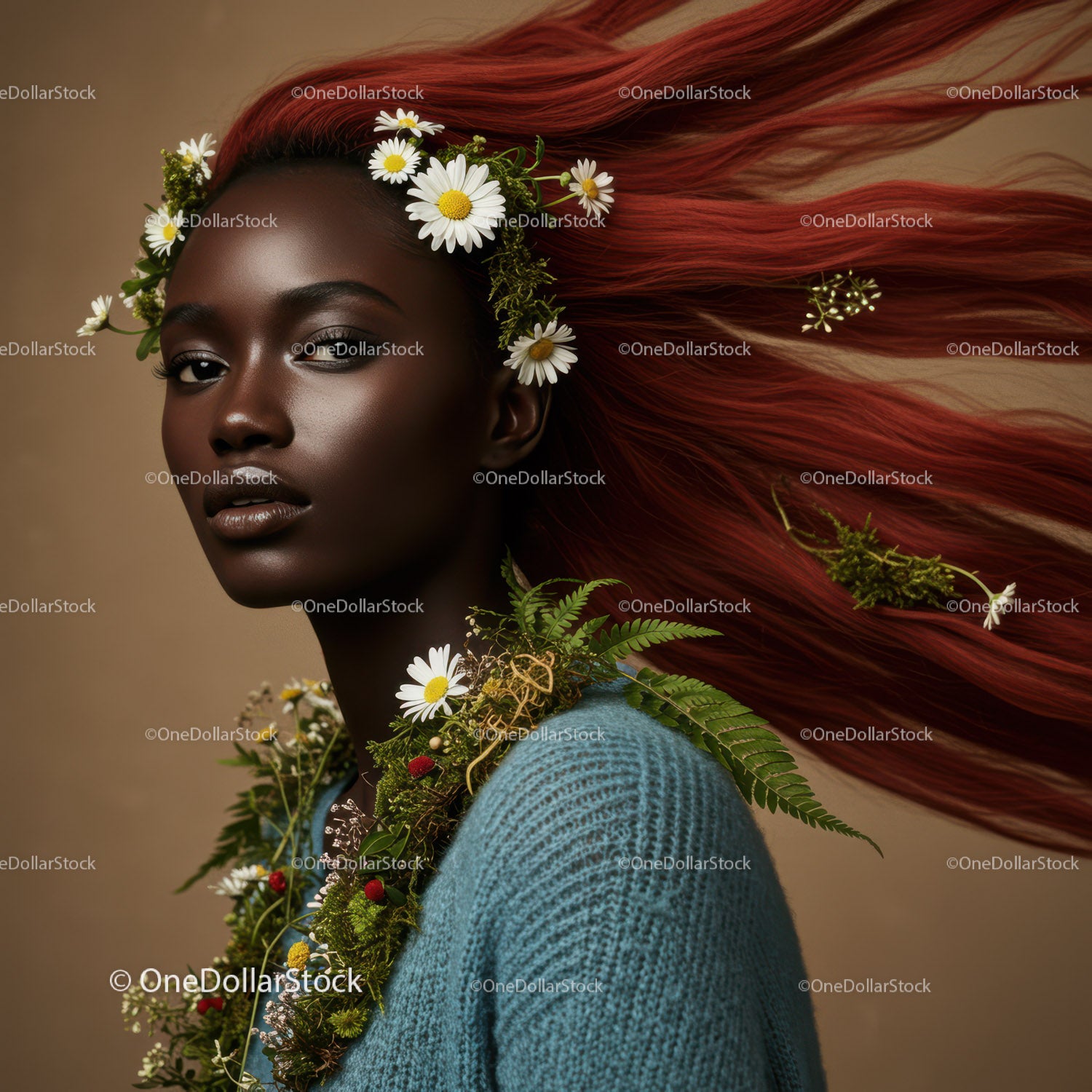 Elegant Portrait of a Woman with Flowing Red Hair and Botanical Accessories