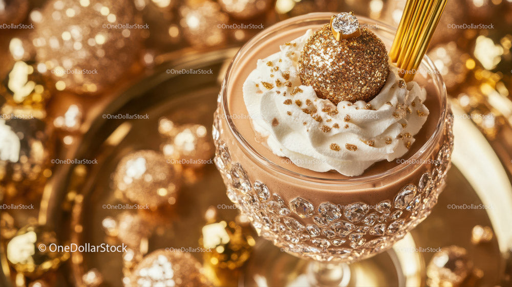 Elegant Chocolate Milkshake with Gold Glitter and Diamond Decoration