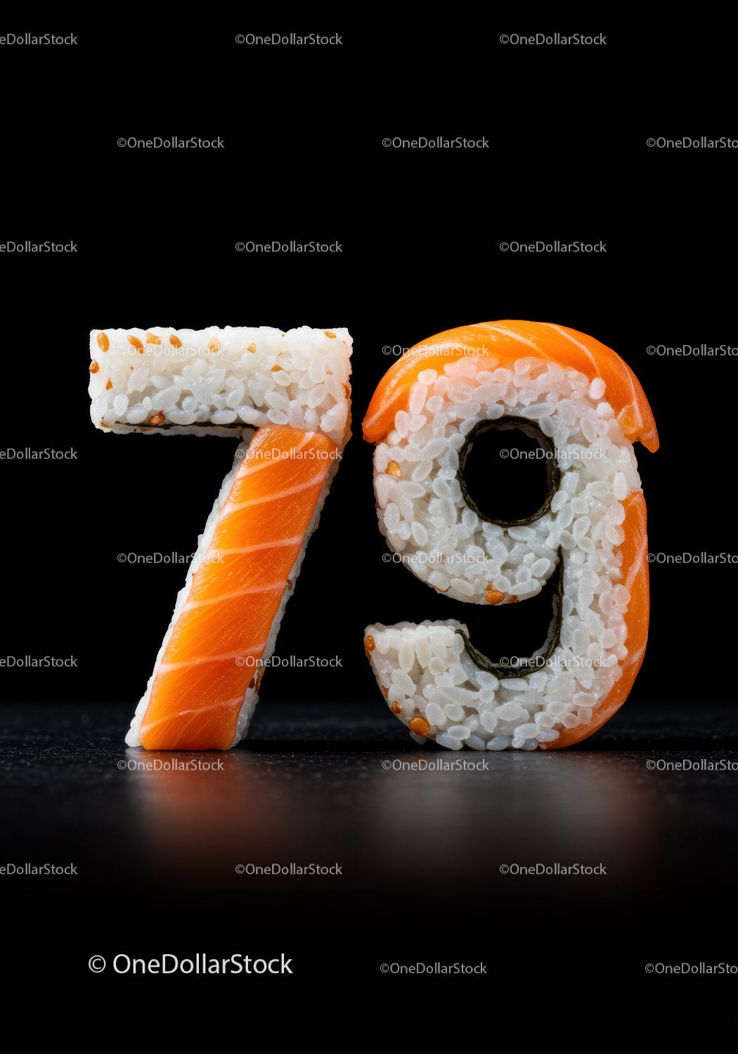 Numer siedemdziesiąt dziewięć w kształcie ryżu sushi i łososia