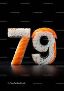 Number seventy nine shaped from sushi rice and salmon