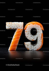 Number seventy nine shaped from sushi rice and salmon
