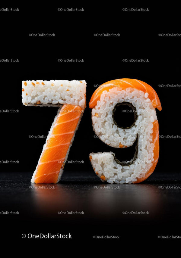 Number seventy nine shaped from sushi rice and salmon