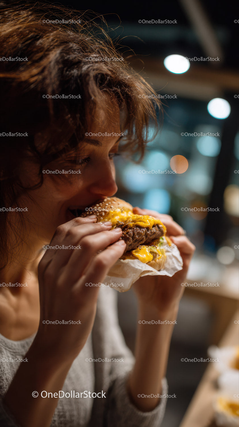 Woman Enjoying Cheesy Burger in Vibrant Night Street Scene