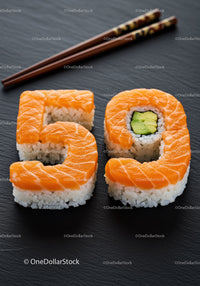 Creative sushi shaped as number fifty on black plate