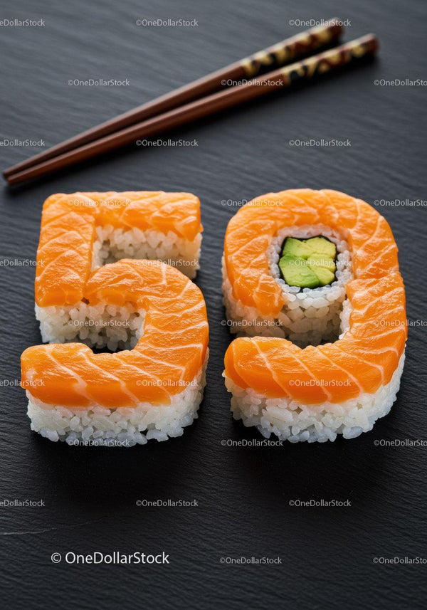 Creative sushi shaped as number fifty on black plate