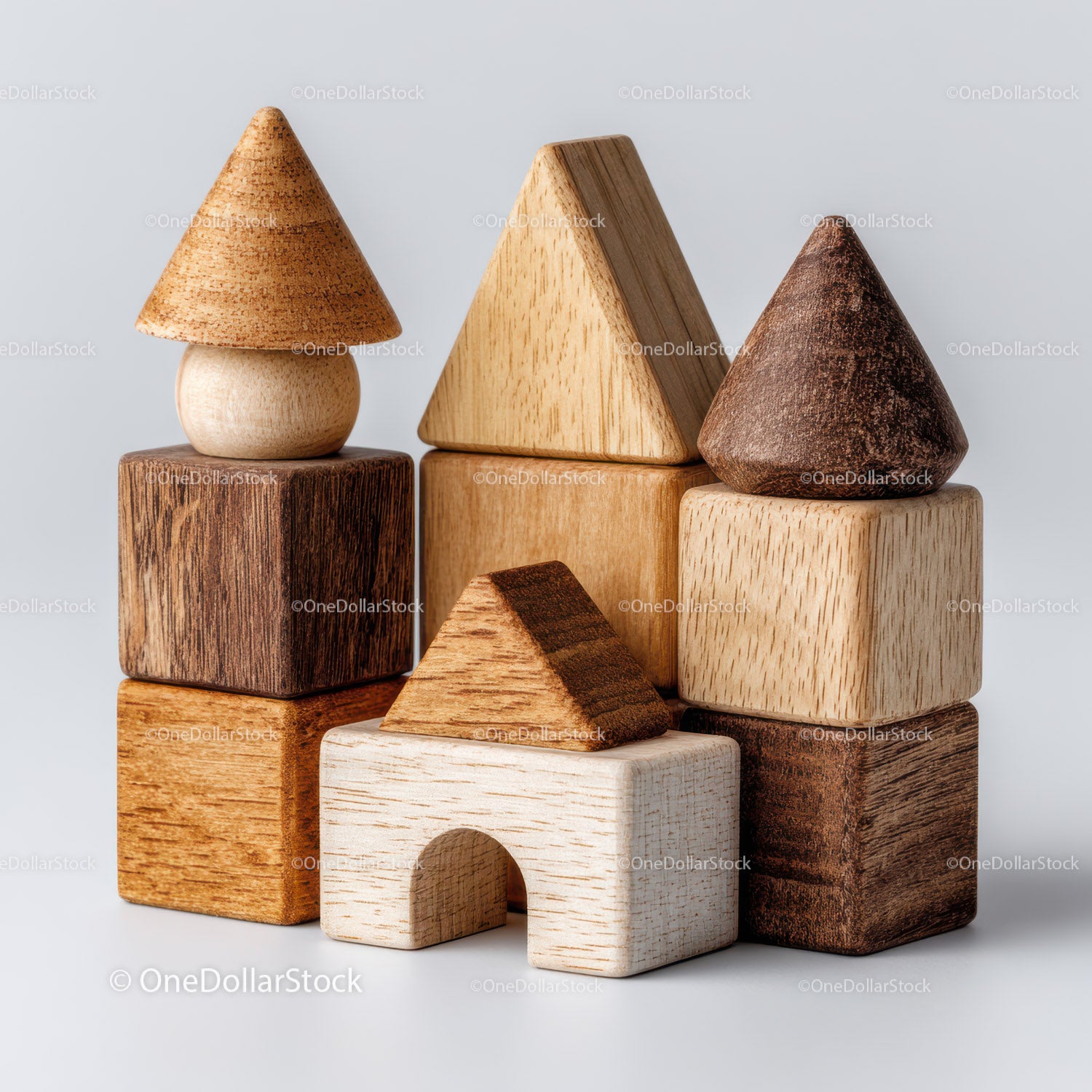 Set of Colorful Wooden Blocks and Shapes for Children's Play