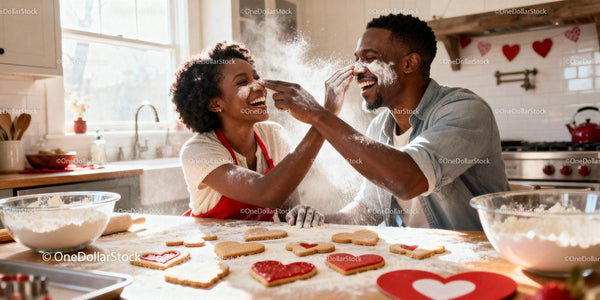 Couple Playfully Baking Heart-Shaped Cookies in Cozy Kitchen