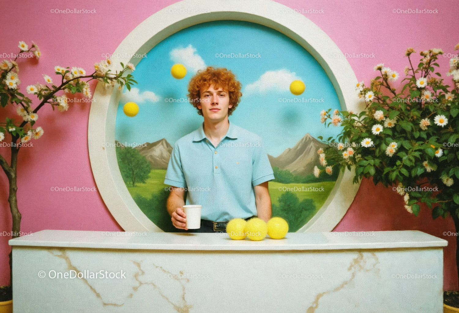 Young Man with Coffee and Tennis Balls in Vibrant Whimsical Scene