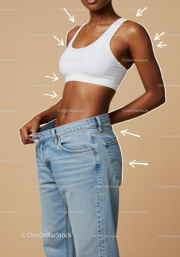 Stylowa kobieta w crop topie i niebieskich dżinsach na minimalistycznym tle