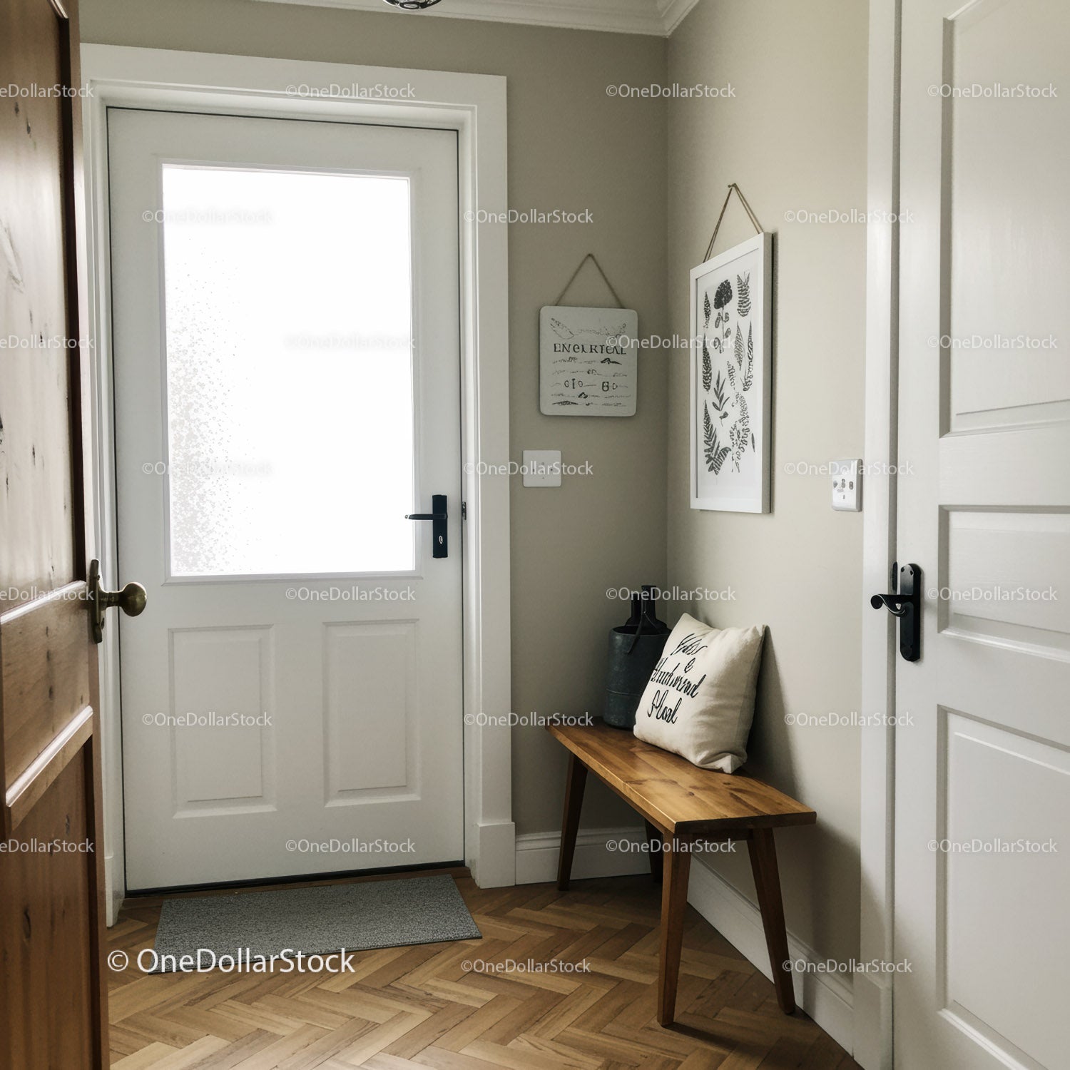 Calm Modern Entryway with Wooden Bench and Wall Art in Neutral Tones