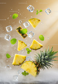 Fresh pineapple slices with mint leaves and ice cubes