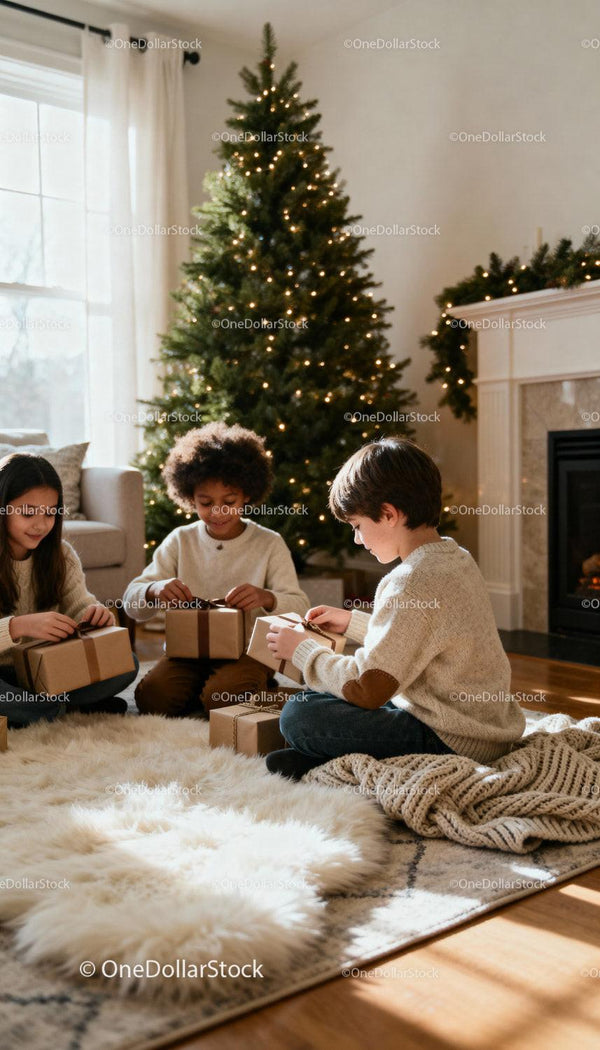 Children Unwrapping Christmas Gifts by Festive Tree