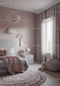 Cozy Child's Bedroom with Pink and Gray Decor Featuring Cloud Lighting and Teddy Bear