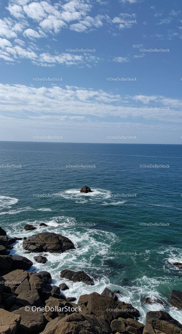 Calm Ocean with Rocky Shore and Blue Sky with Clouds