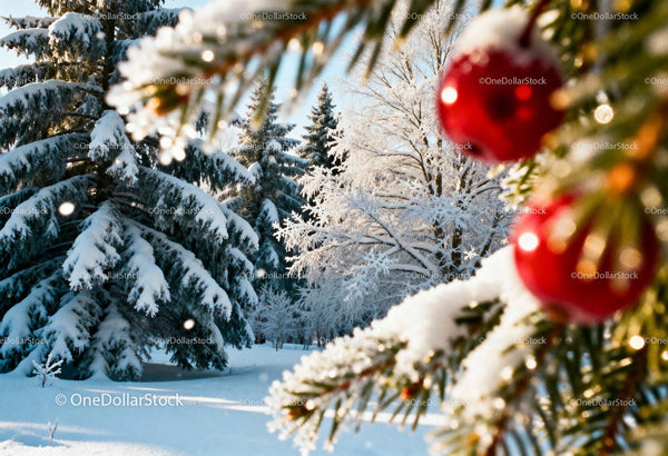 Snow-Covered Pine Trees and Festive Red Ornaments