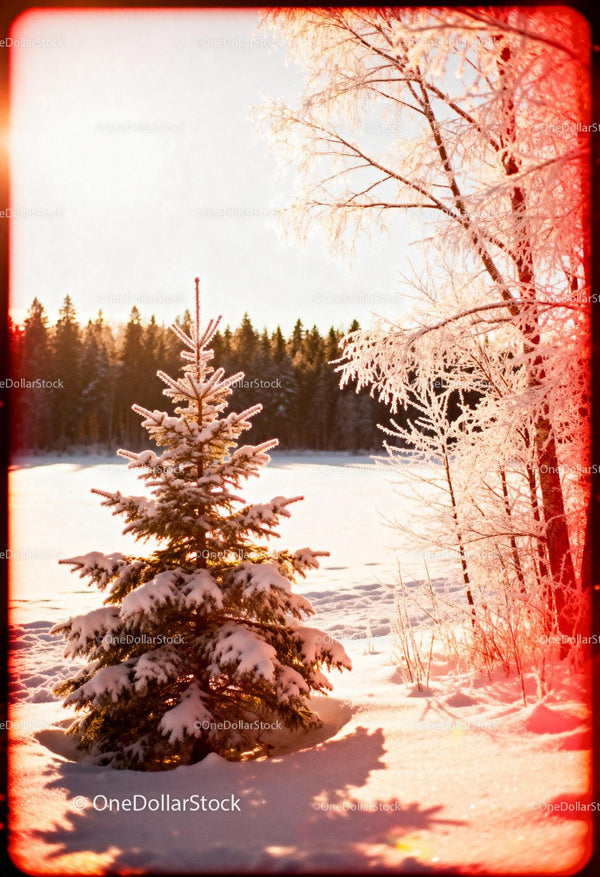 Snowy Pine Tree Bathed in Warm Winter Sunlight