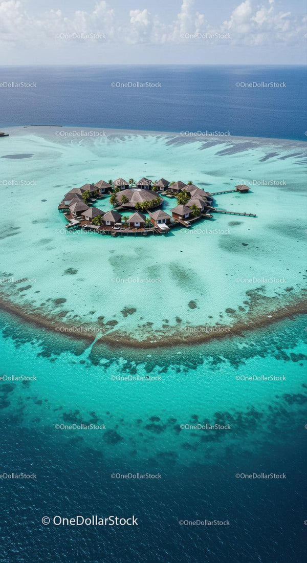 Overwater Bungalows on a Tropical Island Surrounded by Turquoise Water