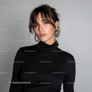 Stylish Young Woman in Black Turtleneck with Hoop Earrings