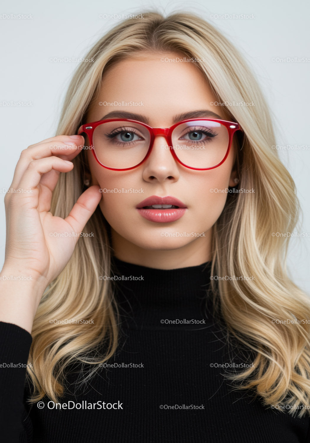 Stylish Blonde Woman Wearing Red Glasses in Contemporary Fashion Portrait
