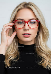 Stylish Blonde Woman Wearing Red Glasses in Contemporary Fashion Portrait