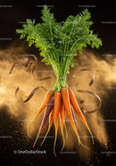 Fresh multicolored carrots with green tops in motion
