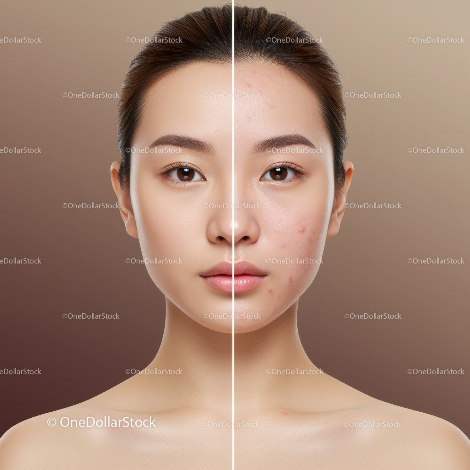 Young Woman with Clear and Acne-Prone Skin Before and After Facial Treatment