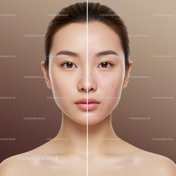 Young Woman with Clear and Acne-Prone Skin Before and After Facial Treatment
