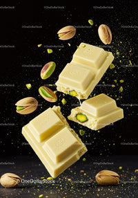 White Chocolate Bar with Pistachios Floating in Air
