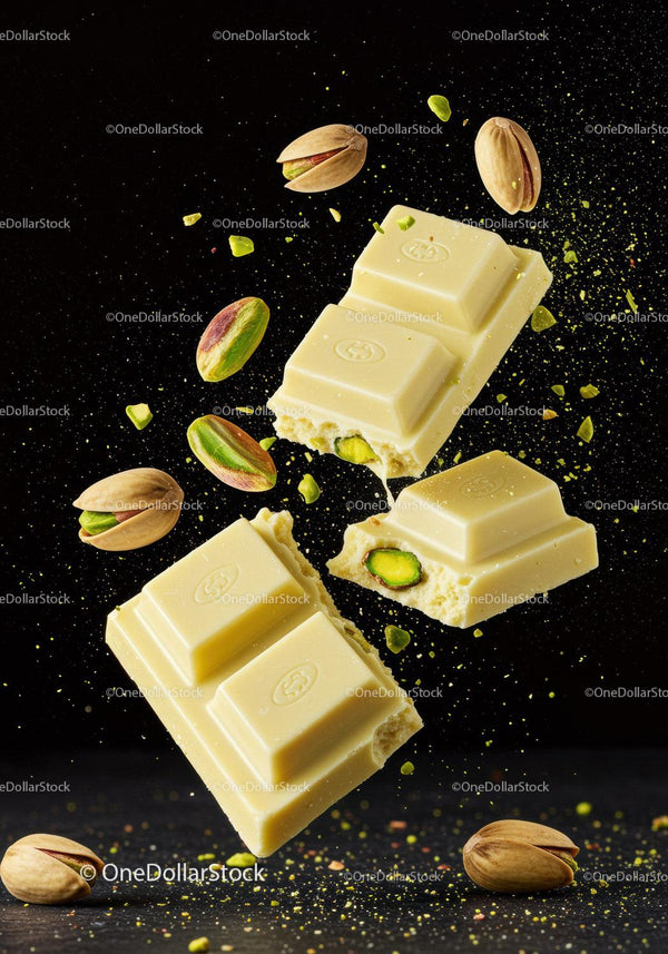 White Chocolate Bar with Pistachios Floating in Air