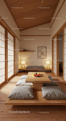 Traditional Japanese Zen Room with Tatami Mats and Wooden Decor