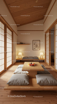 Traditional Japanese Zen Room with Tatami Mats and Wooden Decor