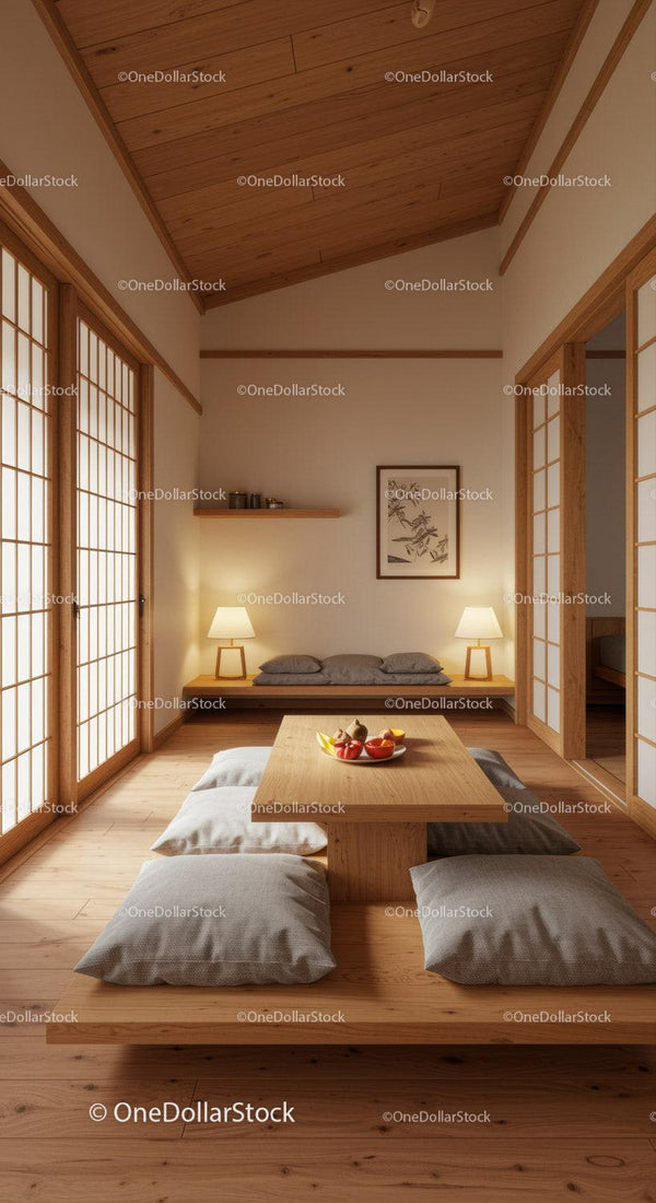 Traditional Japanese Zen Room with Tatami Mats and Wooden Decor