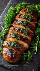 Grilled Beef Ribs with Fresh Green Herbs on Plate