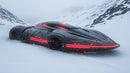 Futuristic Black Sports Car with Red Neon Lights in Snowy Mountain Landscape