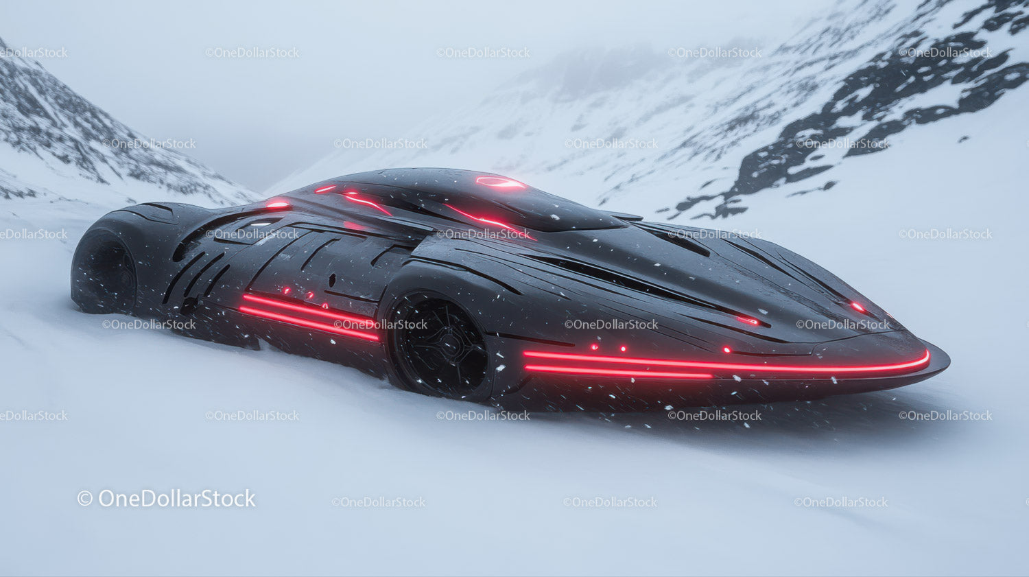 Futuristic Black Sports Car with Red Neon Lights in Snowy Mountain Landscape