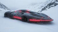 Futuristic Black Sports Car with Red Neon Lights in Snowy Mountain Landscape
