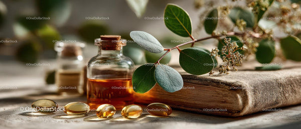 Eucalyptus Leaves and Herbal Oils in Rustic Setting for Wellness