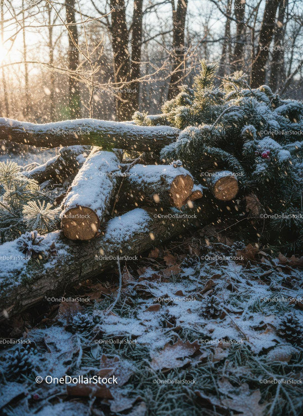 Snow-covered logs and pine branches in a quiet forest
