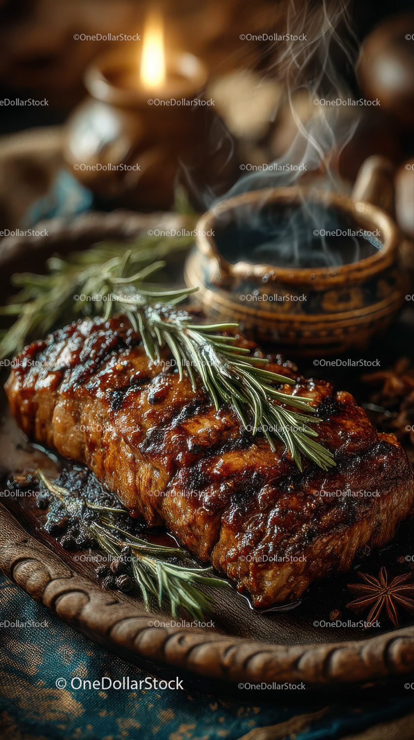 Soczyste grillowane żeberka z rozmarynem na rustykalnym drewnianym talerzu