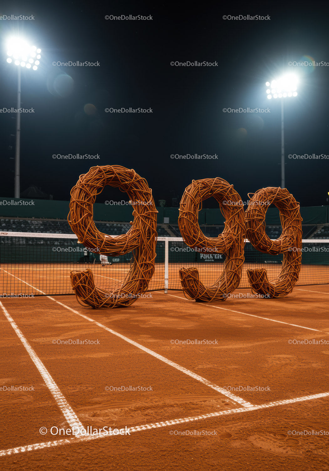 Clay Tennis Court Illuminated at Night with Artistic Numbers
