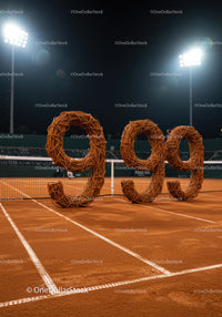 Clay Tennis Court Illuminated at Night with Artistic Numbers