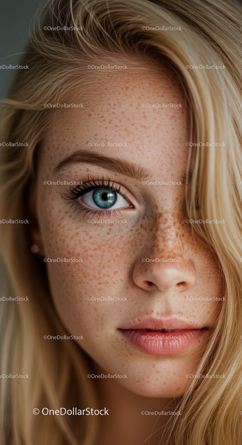 Close up of a young freckled woman with blue eyes