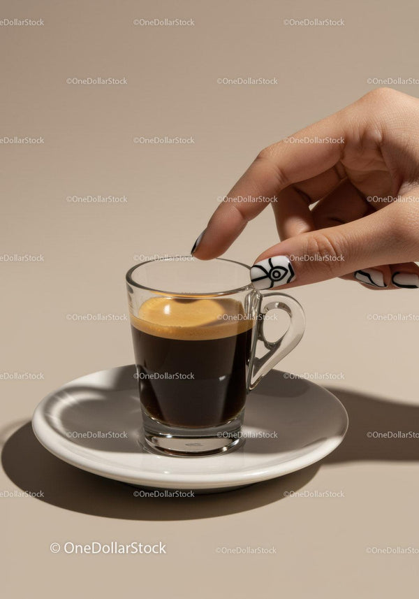 Hand Reaching for Glass Espresso on White Saucer