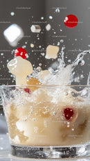 Splashing Ice Cubes and Red Berries in a Glass of Water